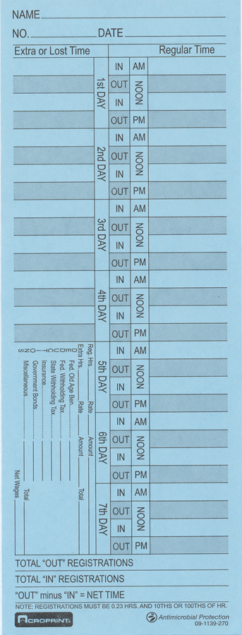 Acroprint Anti-Microbial Green Guard Weekly double-sided time cards at www.raleightime.com