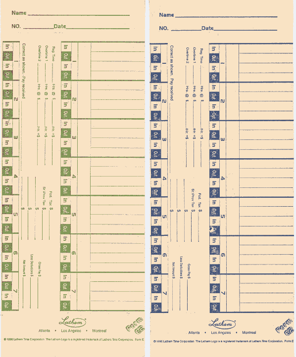 Lathem E2 Bi-Weekly time card for 1000E / 1500E / 5000EP / 900E at www.raleightime.com