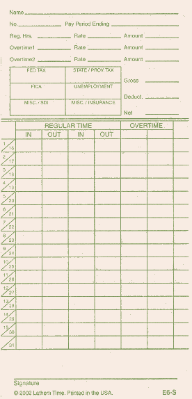 E6-S Lathem Semi-monthly time card for 6000E at www.raleightime.com
