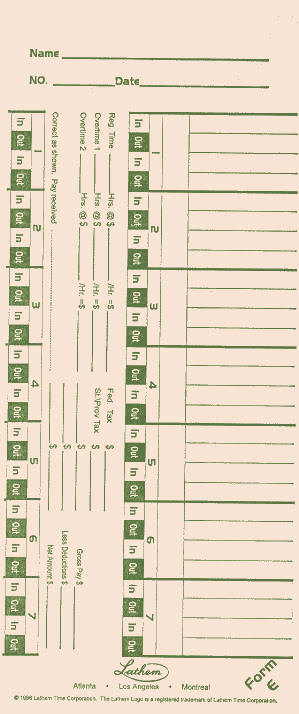 Lathem E Weekly time card for 1000E / 1500E / LT5000 / 900E at www.raleightime.com